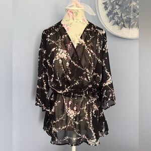 Express Black Floral Wrap Blouse with Pink Blossoms
